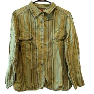Valerie Stevens Women's Retro Striped 100% Linen Button Down Shirt XL Green Blue